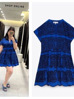 ZARA Royal Blue Embroidered Tiered Mini Dress